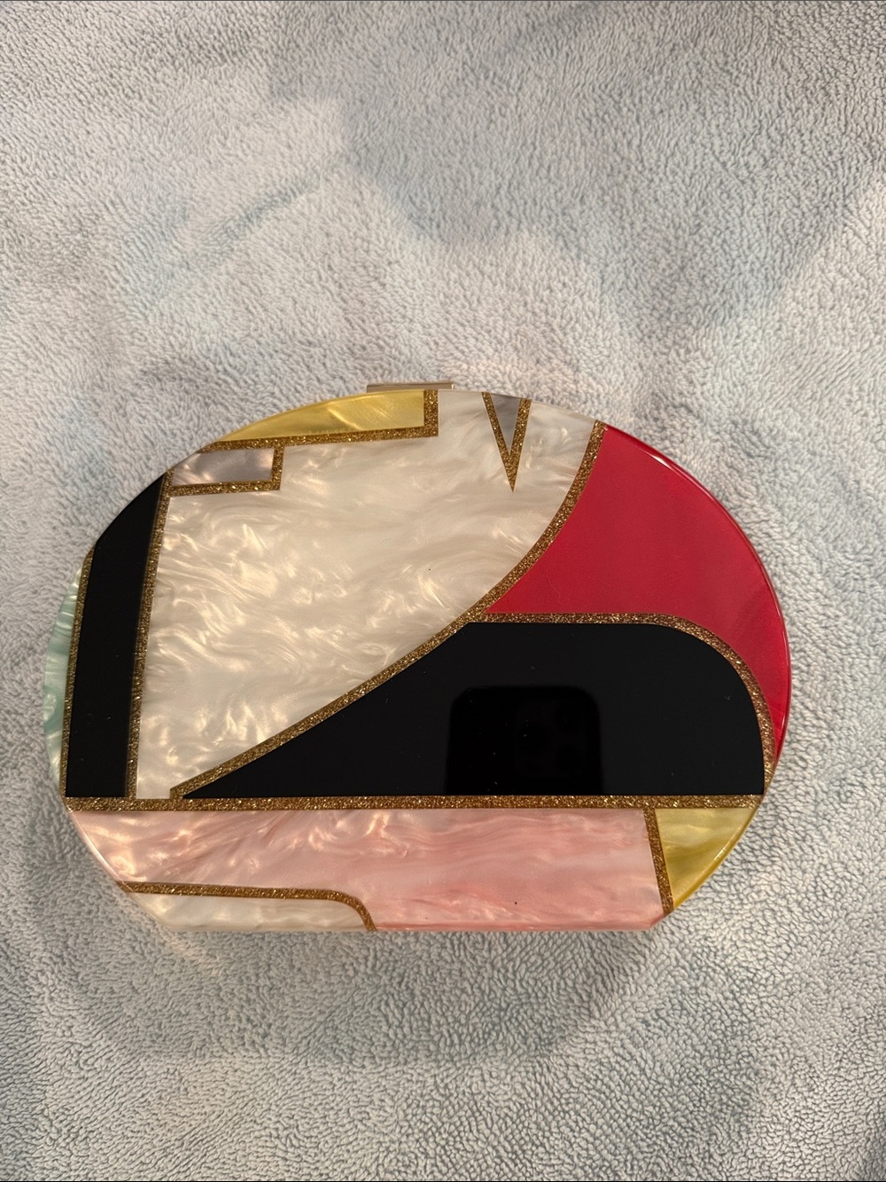 Zara Geometric Resin Art Clutch in Pink, Black, Gold & Pearl